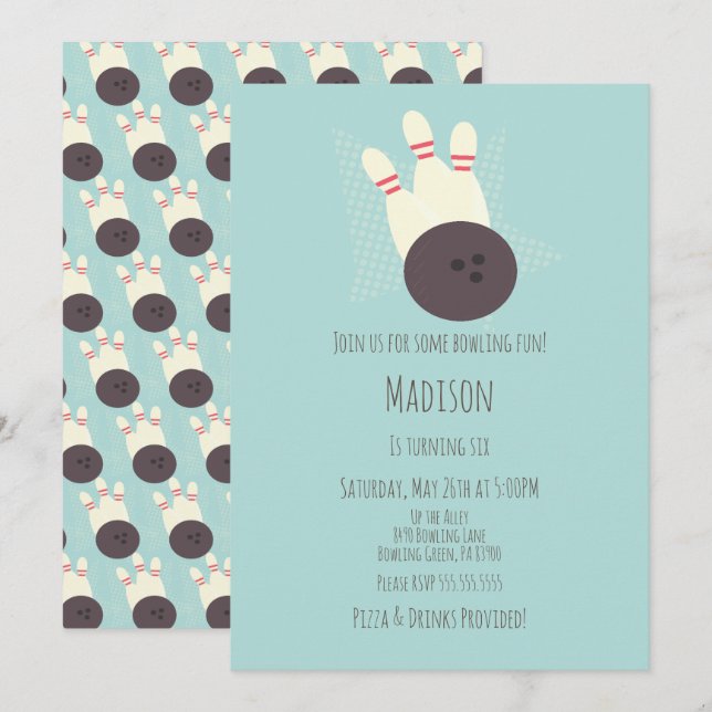 Modern Bowling Alley Birthday Party Teal Invitation (Front/Back)