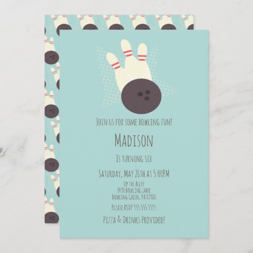 Modern Bowling Alley Birthday Party Teal Invitation
