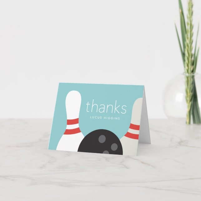 Modern Bowling Birthday Party  Letterpress Thank You Card (Front)