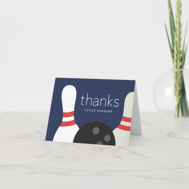 Modern Bowling Birthday Party  Letterpress Thank You Card (Front)