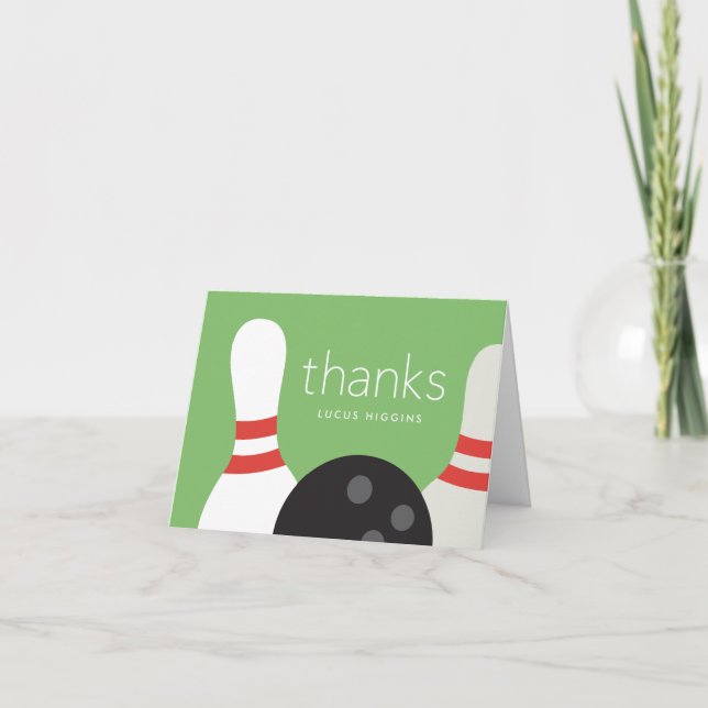 Modern Bowling Birthday Party  Letterpress Thank You Card (Front)