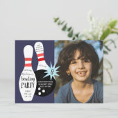 Modern Bowling Blue & red Birthday Party Invitation (Standing Front)