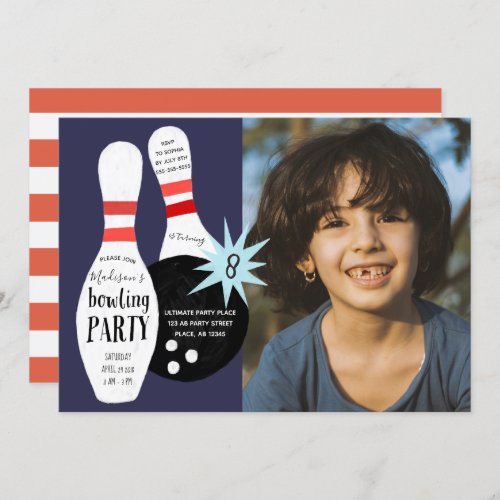 Modern Bowling Blue  red Birthday Party Invitation