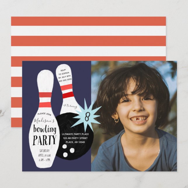 Modern Bowling Boy Birthday Party Invitation (Front/Back)
