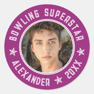 Modern Bowling Superstar Purple Pink Name Photo Classic Round Sticker