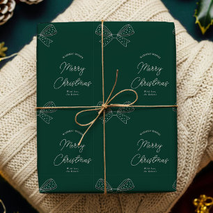 Modern Bows Family Name Merry Christmas Green Wrapping Paper