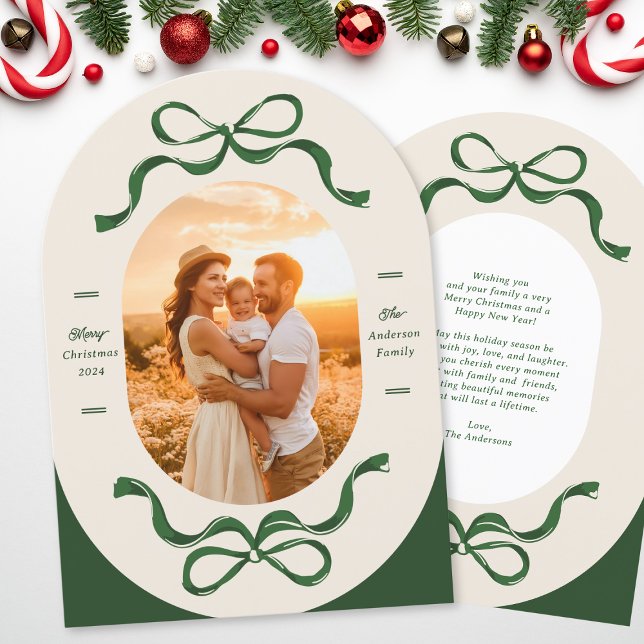 Modern Bows Green Oval Photo Christmas Arch Cards (Creator Uploaded)