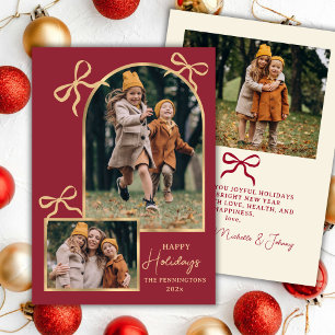 Modern Bows Happy Holidays Arch 3 Photo Red Holiday Card