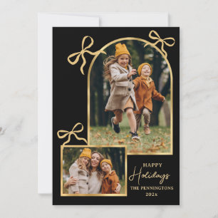 Modern Bows Happy Holidays Gold Arch 3 Photo Black Holiday Card