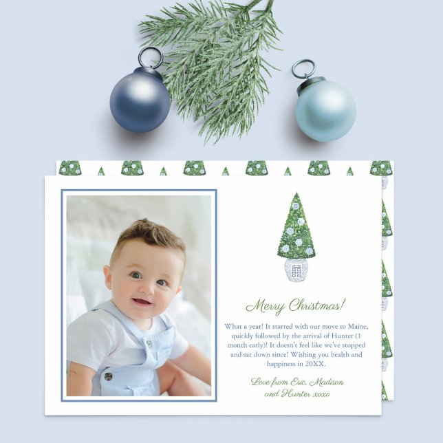Modern Boxwood Topiary Ginger Jars Merry Christmas Holiday Card (Christmas photocard design: Boxwood Topiary tree decorated with blue and white chinoiserie elements.)