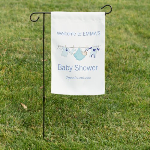 Modern Boy Blue Clothesline Baby Shower Welcome  Garden Flag