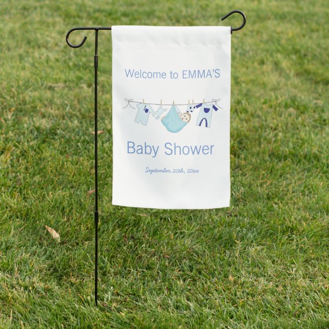 Modern Boy Blue Clothesline Baby Shower Welcome  Garden Flag (In SItu)