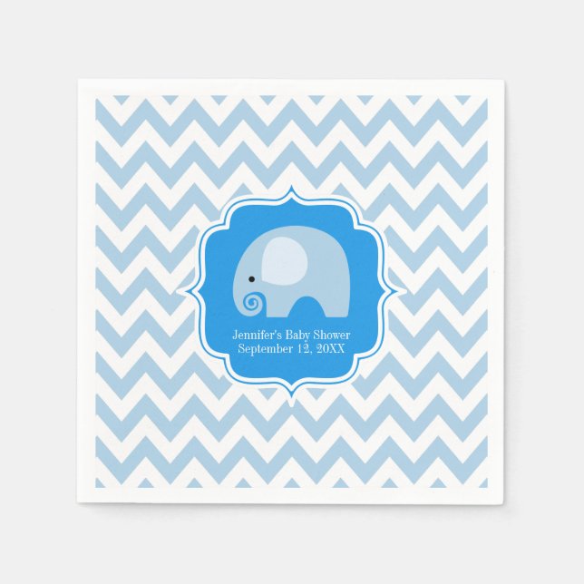 Modern Boy Blue Elephant Baby Shower Chevron Napkins (Front)
