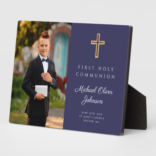 Modern Boy Blue First Holy Communion Photo Plaque