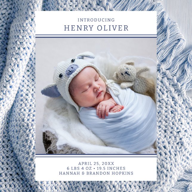Modern Boy Blue Photo Birth Announcement (Creator Uploaded)