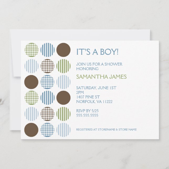 Modern Boy Dot Baby Shower Invite Blue Green Brown (Front)