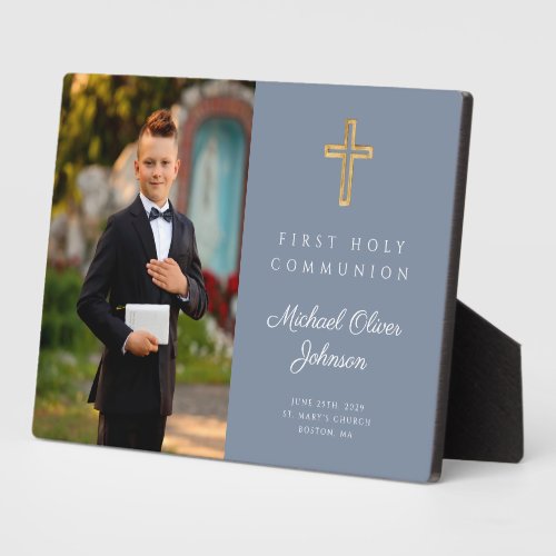 Modern Boy First Holy Communion Blue Photo  Plaque