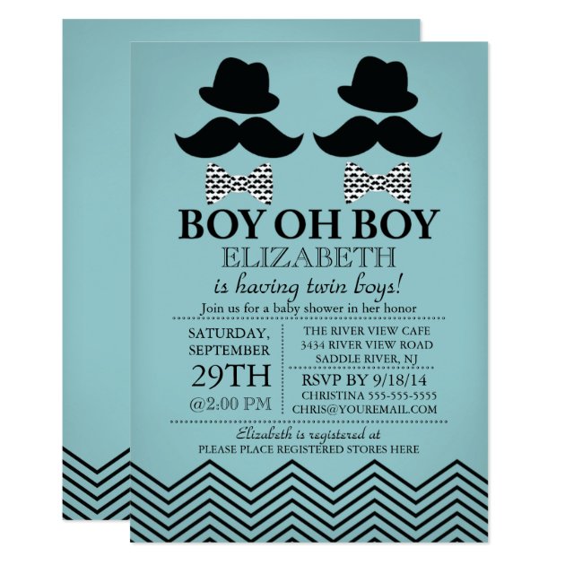 Modern Boy Little Man Mustache TWINS Baby Shower Invitation