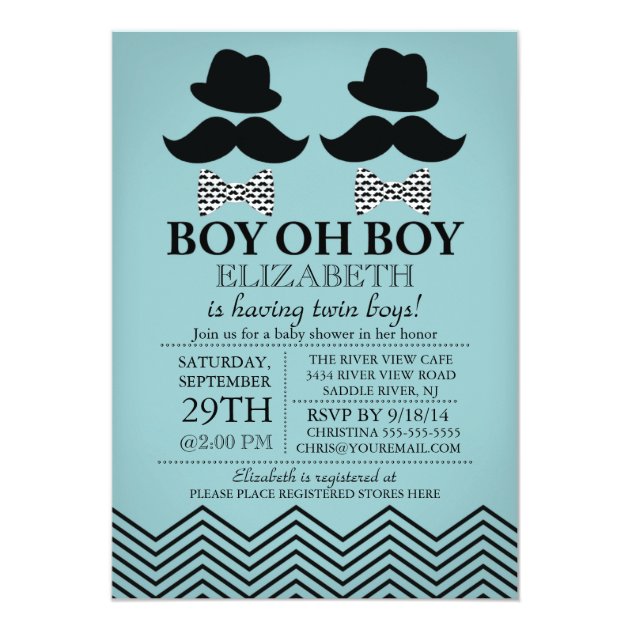 Modern Boy Little Man Mustache TWINS Baby Shower Invitation