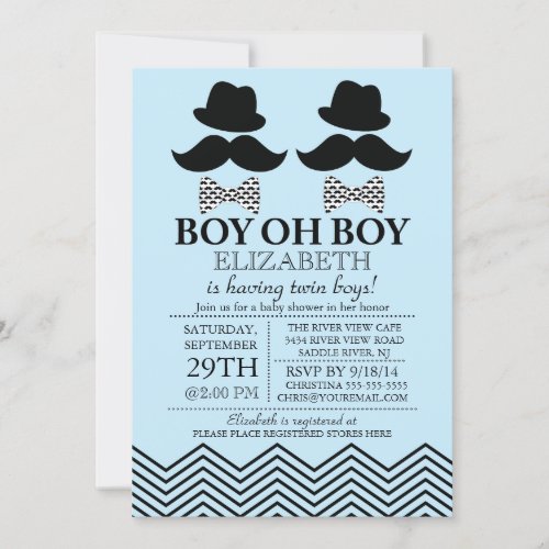 Modern Boy Little Man Mustache TWINS Baby Shower Invitation