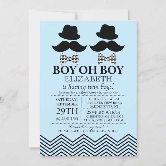 Modern Boy Little Man Mustache TWINS Baby Shower Invitation (Front)