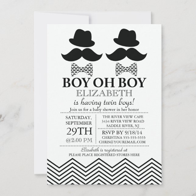 Modern Boy Little Man Mustache TWINS Baby Shower Invitation (Front)