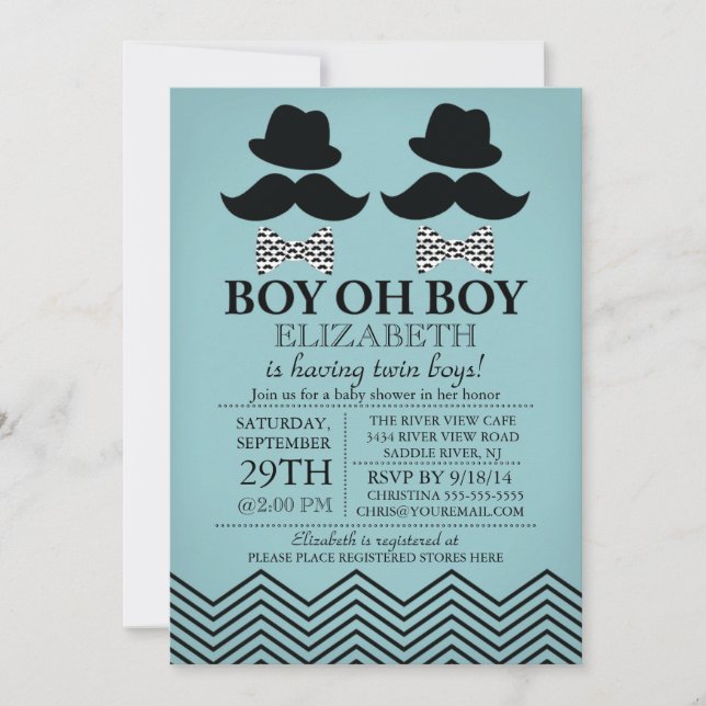 Modern Boy Little Man Mustache TWINS Baby Shower Invitation (Front)