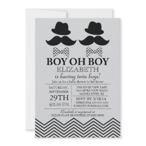 Modern Boy Little Man Mustache TWINS Baby Shower Invitation