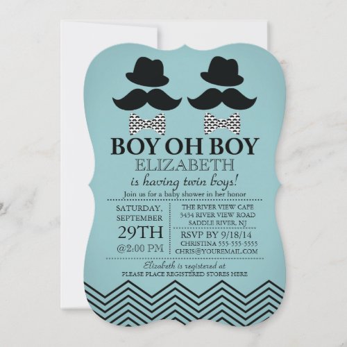 Modern Boy Little Man Mustache TWINS Baby Shower Invitation