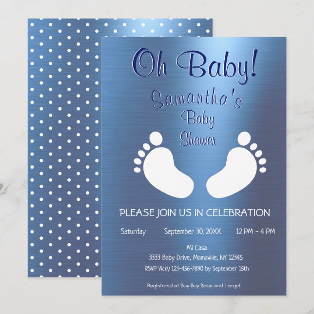 Modern Boy Oh Baby Shower Foot Print Invitation (Front/Back)