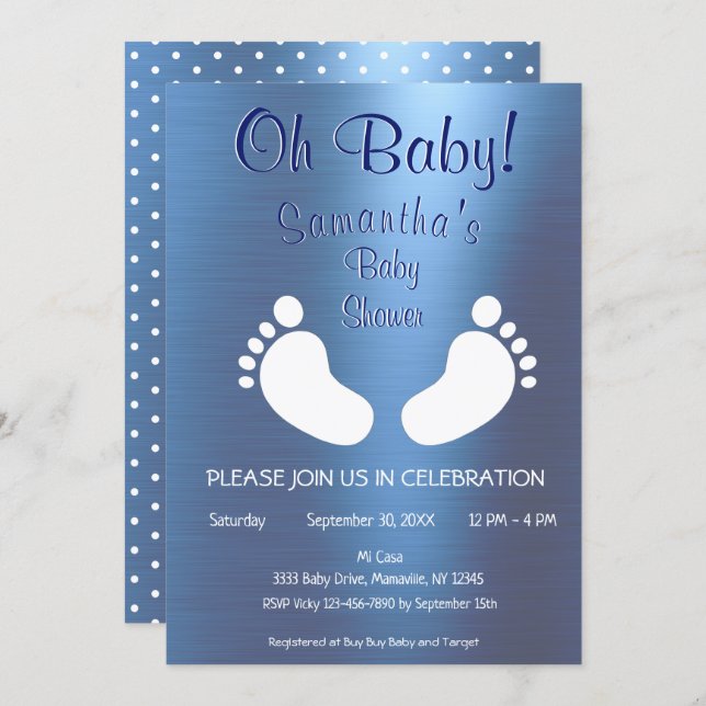 Modern Boy Oh Baby Shower Foot Print Invitation (Front/Back)