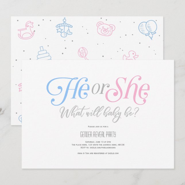Modern, Boy or Girl, He or She, Gender Reveal Invitation (Front/Back)