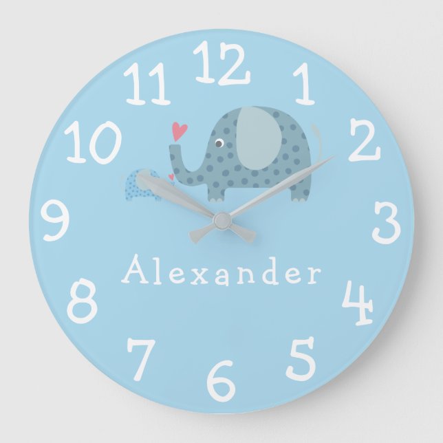 Modern Boy Personalized Polka Dot Elephants Large Clock (Front)