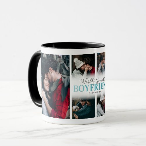 Modern Boyfriend Photo Mug - Personalized boyfriend coffee mug featuring a 6 photo collage template, the word "worlds greatest boyfriend" in a trendy teal blue gradient font, and your names.