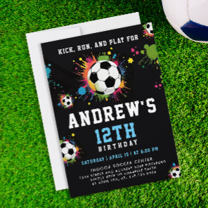 Modern Boys Blue And Black Soccer Sport Balls Team Invitation