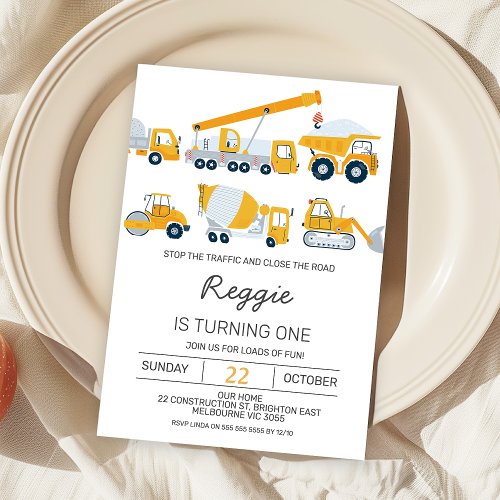 Modern Boys Construction Vehicles Birthday Invitation