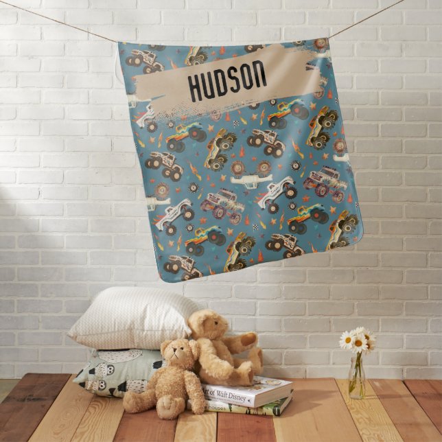 Modern Boys Customizable Monster Trucks Pattern Baby Blanket (In Situ)