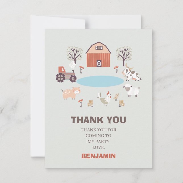 Modern Boys Farm Birthday Thank You Card (Front)