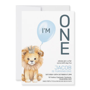 Modern Boys Lion Crown Balloon 1st Birthday Invitation