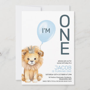 Modern Boys Lion Crown Balloon 1st Birthday Invitation