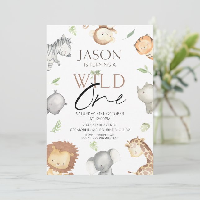 Modern Boys Minimalist Safari Wild One Birthday Invitation (Standing Front)
