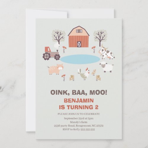 Modern Boys Oink Baa Moo Farm Birthday Invitation