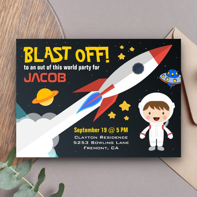 Modern Boys Outer Space Rocket Birthday Party Invitation (Creator Uploaded)