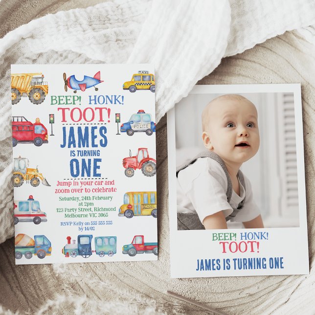 Modern Boys Photo Transport 1st Birthday Invitation (Cute modern transport themed boys 1st birthday invitation with various vehicles and photo on back.)