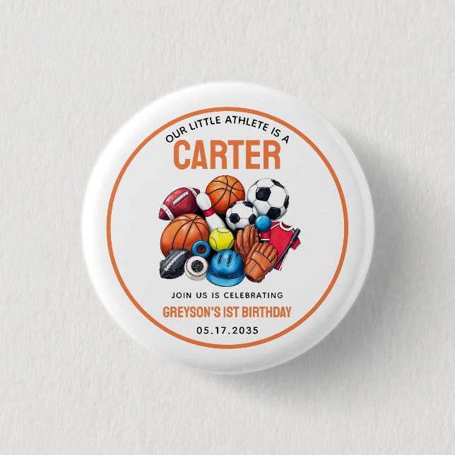 Modern Boys Sports Balls All Star 1st Birthday  Button (Front)