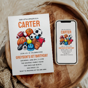 Modern Boys Sports Balls All Star 1st Birthday Invitation