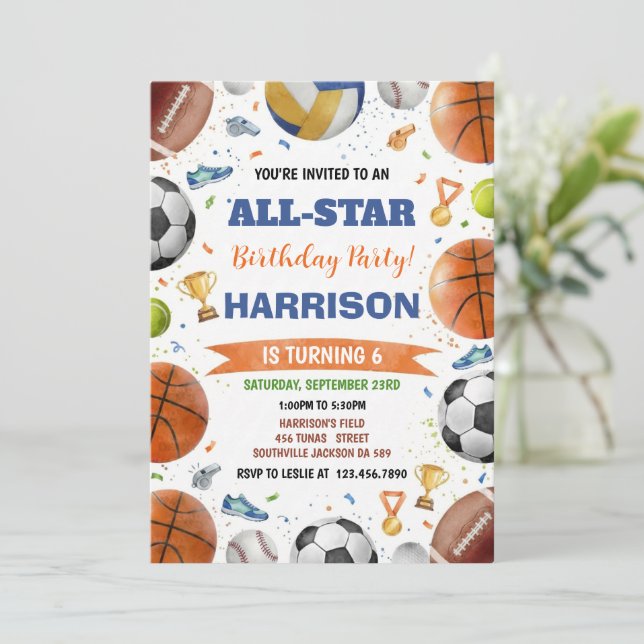 Modern Boys Sports Balls All Star Kids Birthday Invitation (Standing Front)