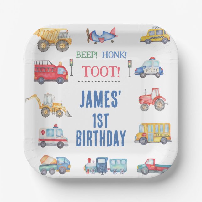 Modern Boys Transport 1st Birthday Paper Plates (Front)