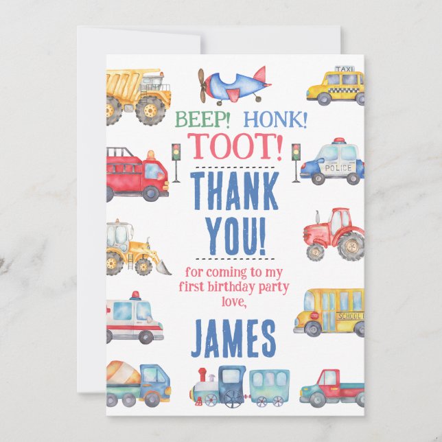 Modern Boys Transport 1st Birthday Thank You Card (Front)
