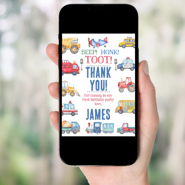 Modern Boys Transport 1st Birthday Thank You Card (Front Digital)
